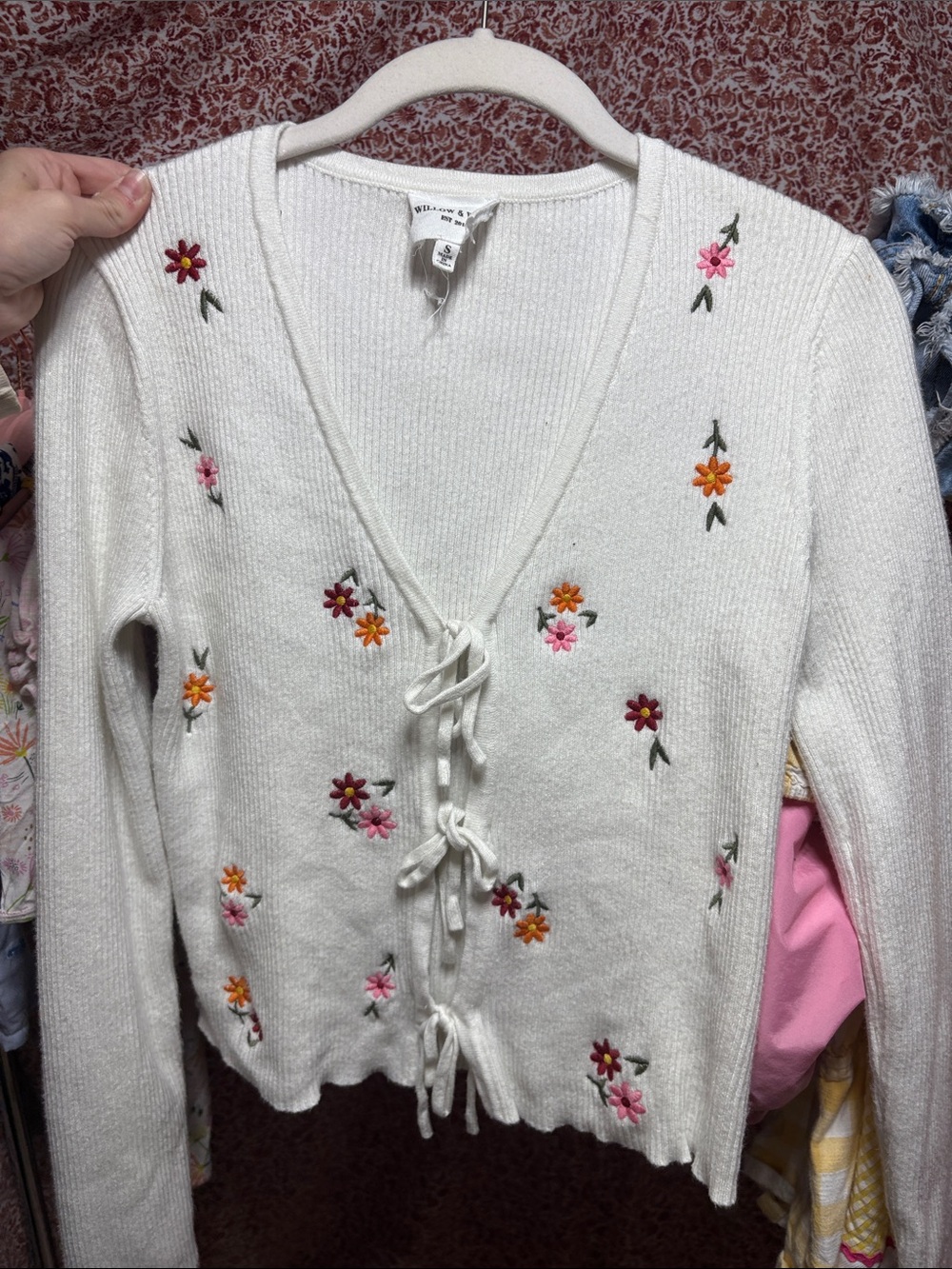 Willow & Clay White Tie-Front Cardigan with Pink and Orange Floral Embroidery